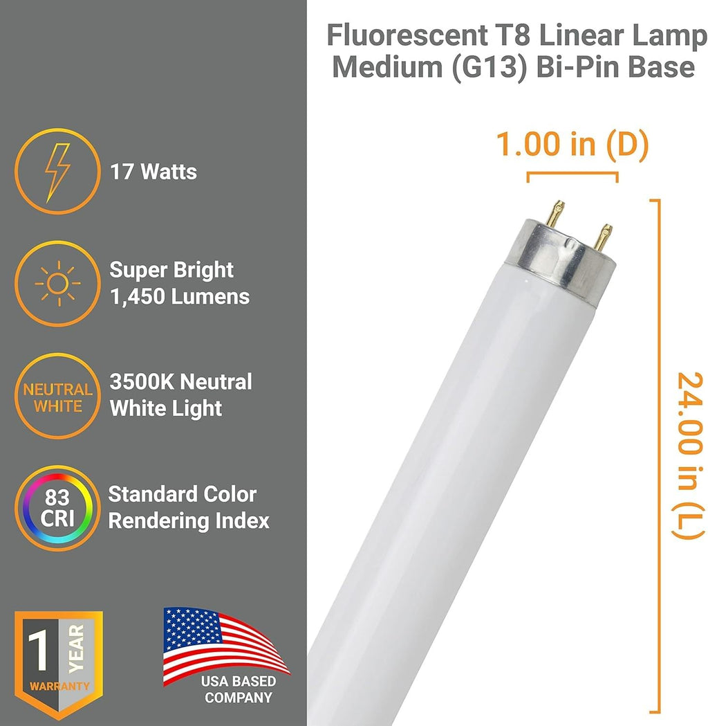 24 Inch T8 Fluorescent Tube Light Bulb 17W 3500K Neutral White G13 Base Pack of 30 G59134