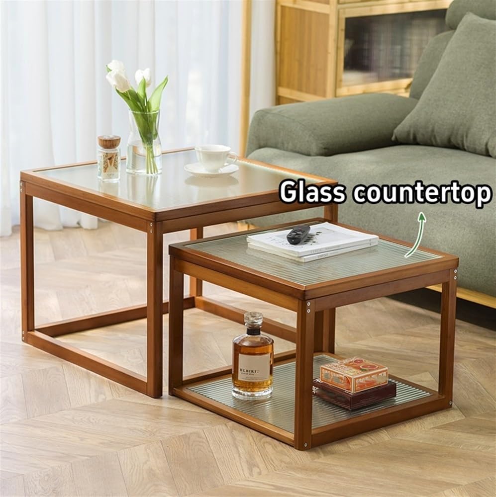 Nesting Coffee Tables Set of 2 Wooden Square Side Table with Tempered Glass Top C10610