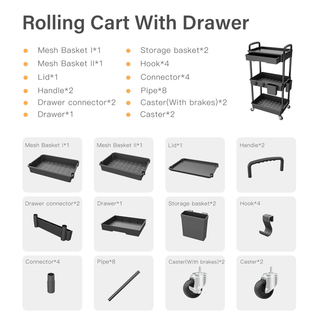 3 Tier Rolling Utility Cart with Drawer Y493