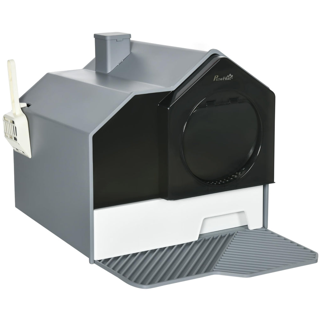 Hooded Cat Litter Box with Litter Mat, Pull-Out Drawer, Handle, Scoop, Gray G8959