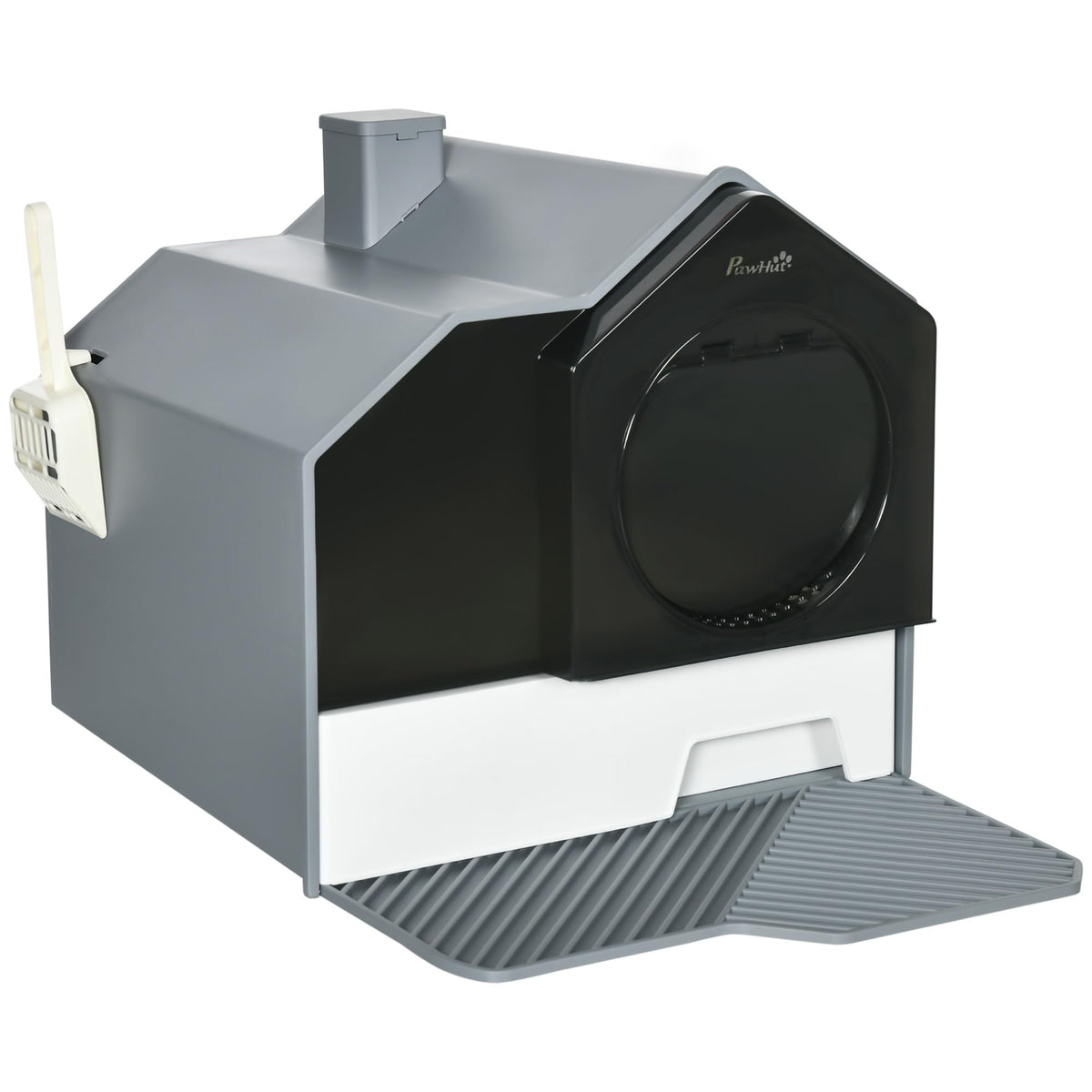 Hooded Cat Litter Box with Litter Mat, Pull-Out Drawer, Handle, Scoop, Gray G8959
