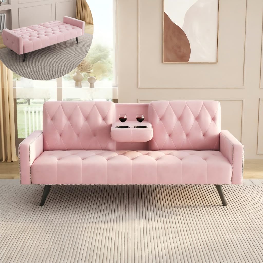 Pink Velvet Convertible Sofa Bed with Cup Holders N639111