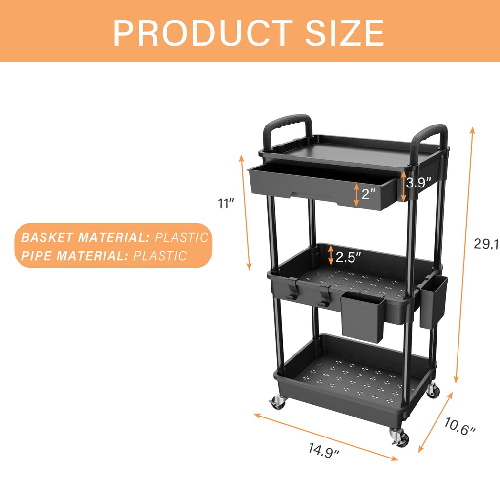 3 Tier Rolling Utility Cart with Drawer Y493