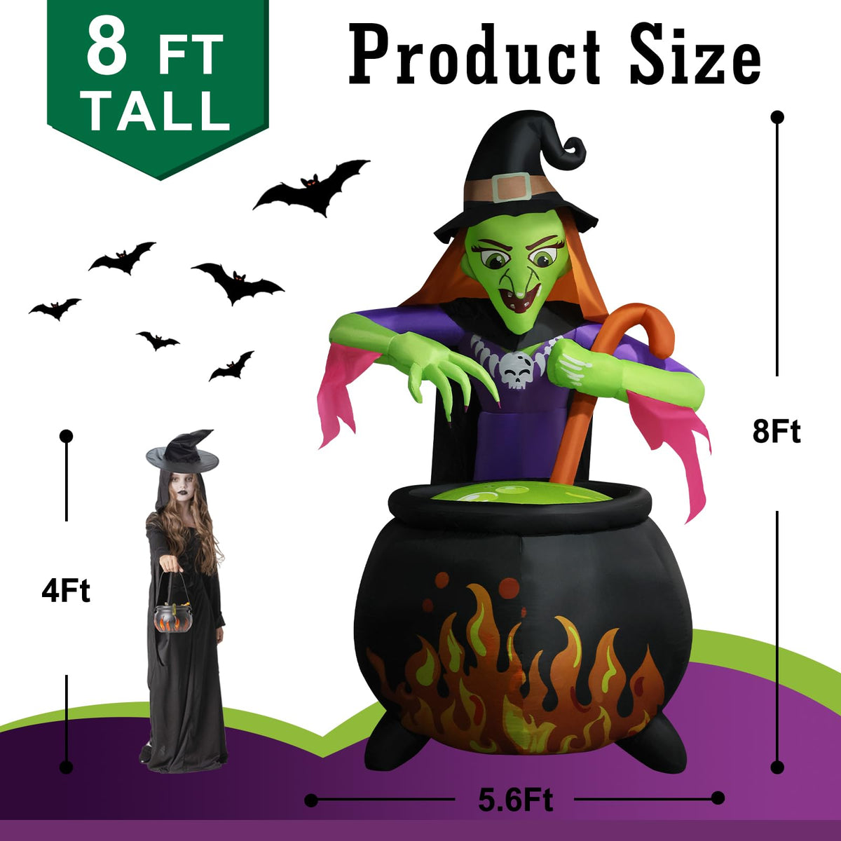 8Ft Tall Halloween Inflatable Witch Cauldron with 4 Led Lights K493