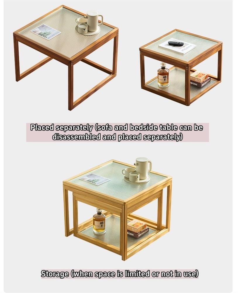 Nesting Coffee Tables Set of 2 Wooden Square Side Table with Tempered Glass Top C10610