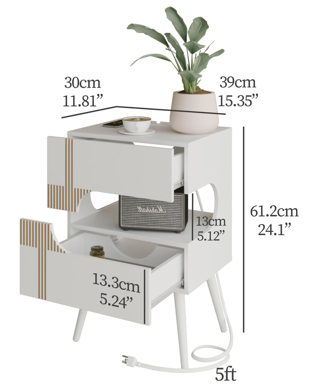 White Nightstand with Charging Station and LED Lights, 2 Storage Drawer P44099