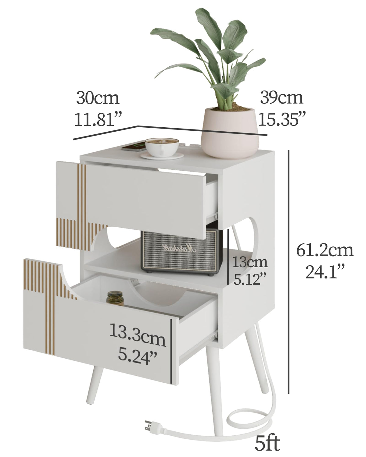 White Nightstand with Charging Station and LED Lights, 2 Storage Drawer P44099