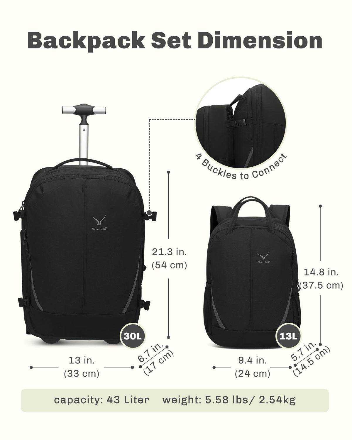Rolling Backpack with Wheels 43L 17 inches Laptop Jet Black 6PC Packing Cubes U62580