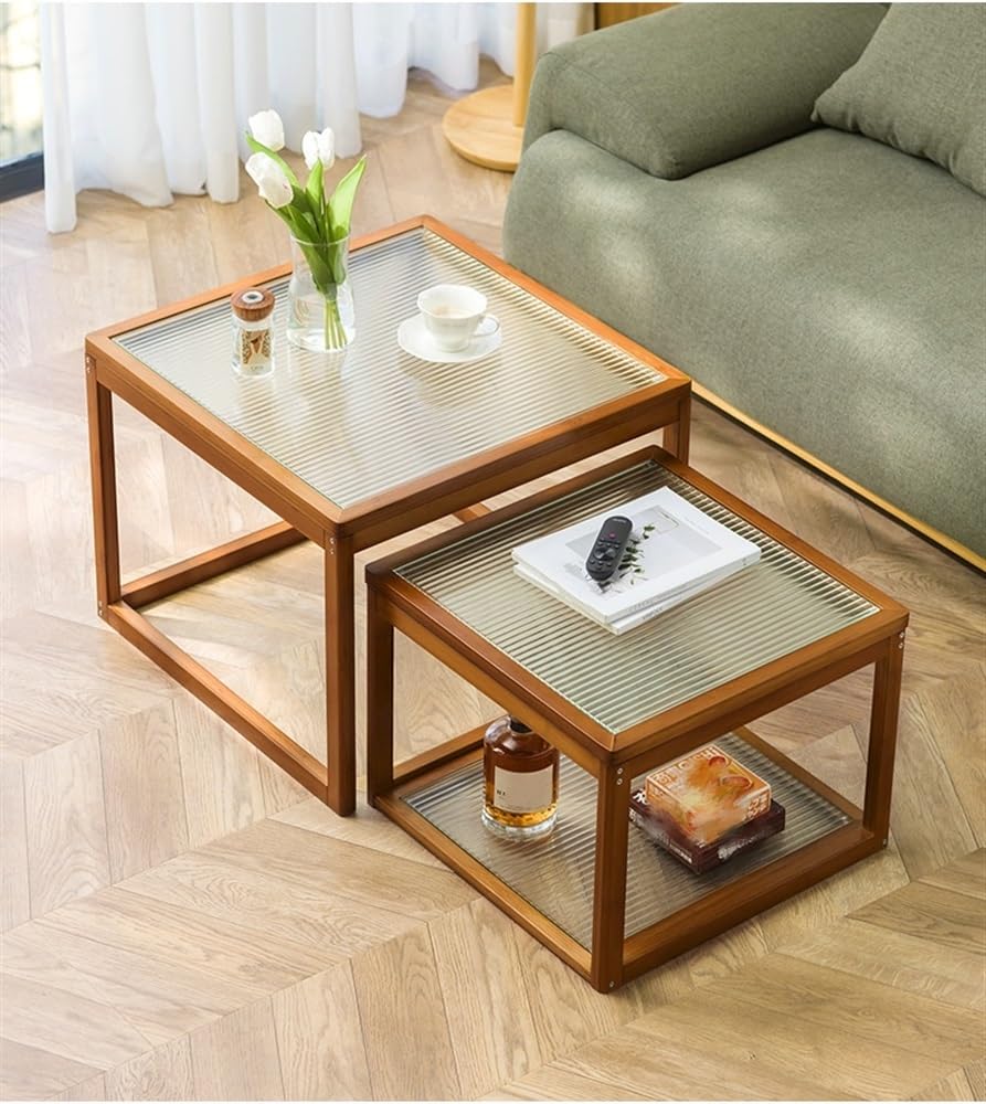 Nesting Coffee Tables Set of 2 Wooden Square Side Table with Tempered Glass Top C10610
