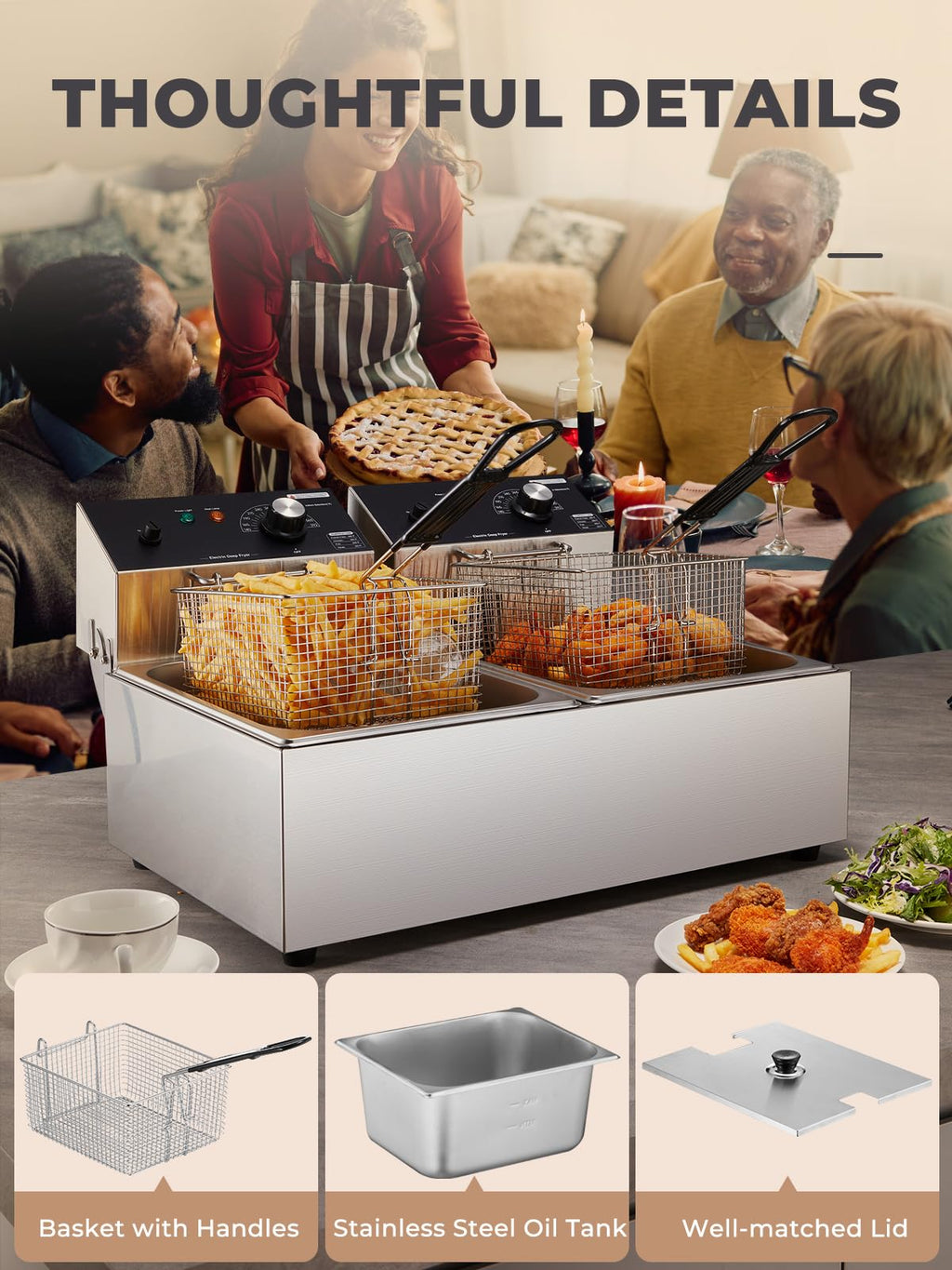 3400W 20.7QT Stainless Steel Electric Deep Fryer with 2 Removable Baskets C4543