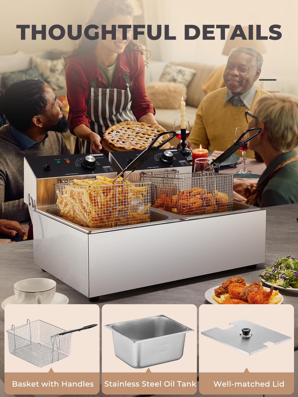 3400W 20.7QT Stainless Steel Electric Deep Fryer with 2 Removable Baskets C4543