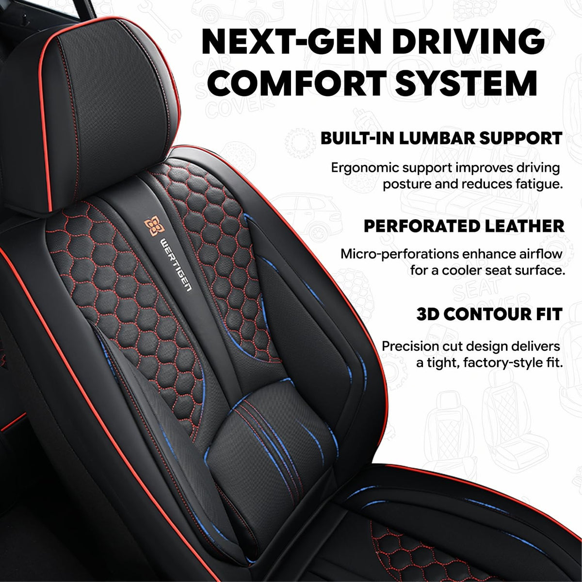 Black and Red Leather Car Seat Cover Set with Lumbar Support L1976