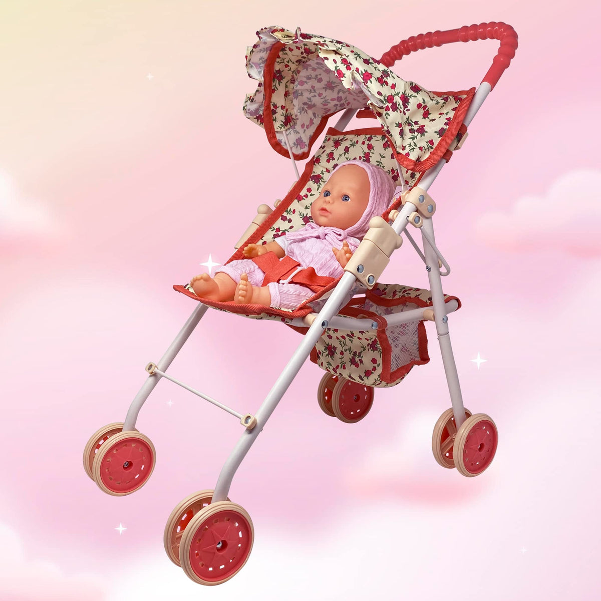 Baby Doll Stroller with Storage Basket, Foldable Frame, Canopy, Seatbelt Z4092