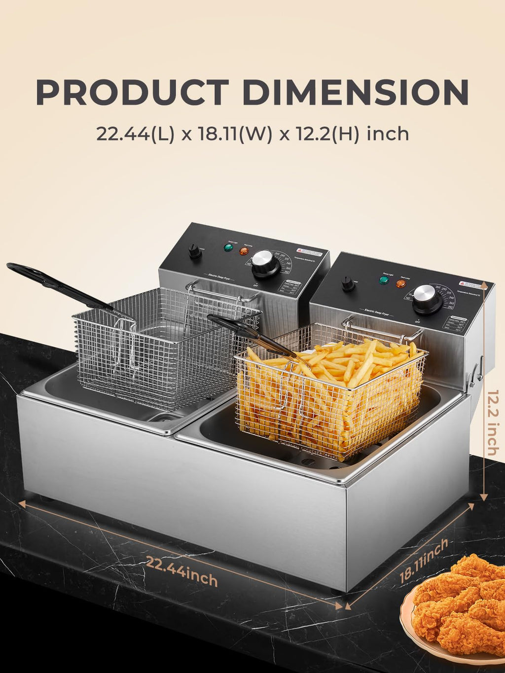 3400W 20.7QT Stainless Steel Electric Deep Fryer with 2 Removable Baskets C4543