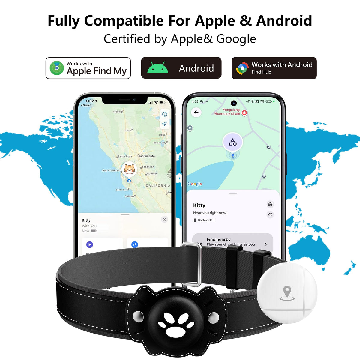 GPS Cat Collar Tracker, Waterproof, Black U764967