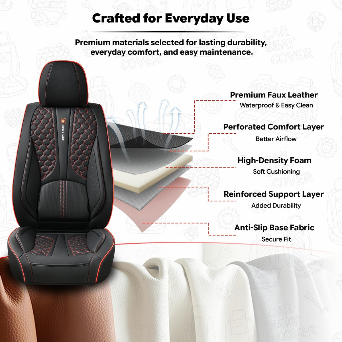 Black and Red Leather Car Seat Cover Set with Lumbar Support L1976
