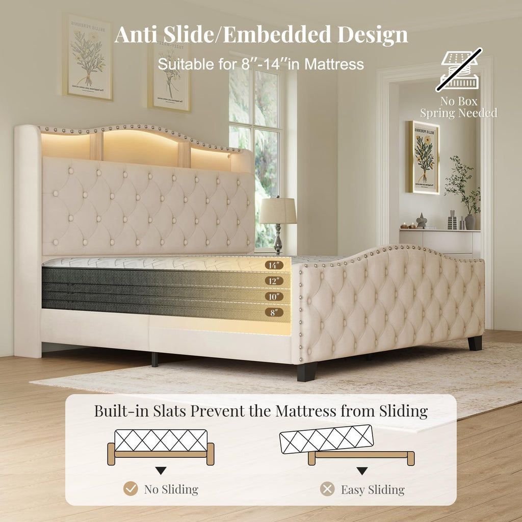 Queen Beige Platform Bed Frame with LED Headboard W63515