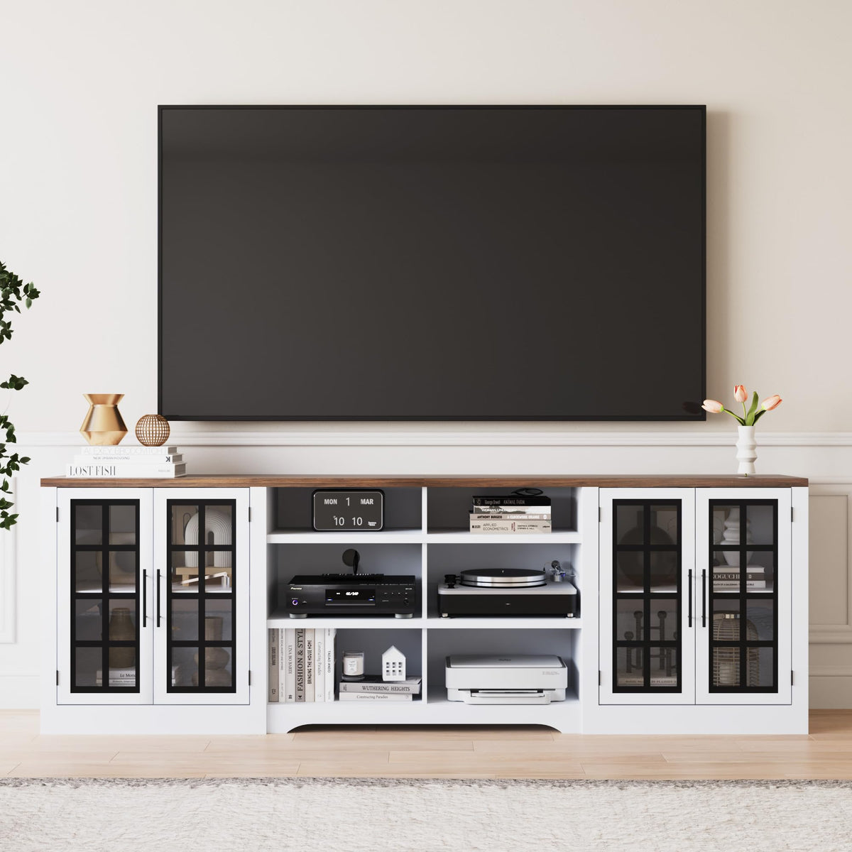 White Black TV Stand with 2 Cabinets and 3-Tier Shelves E837
