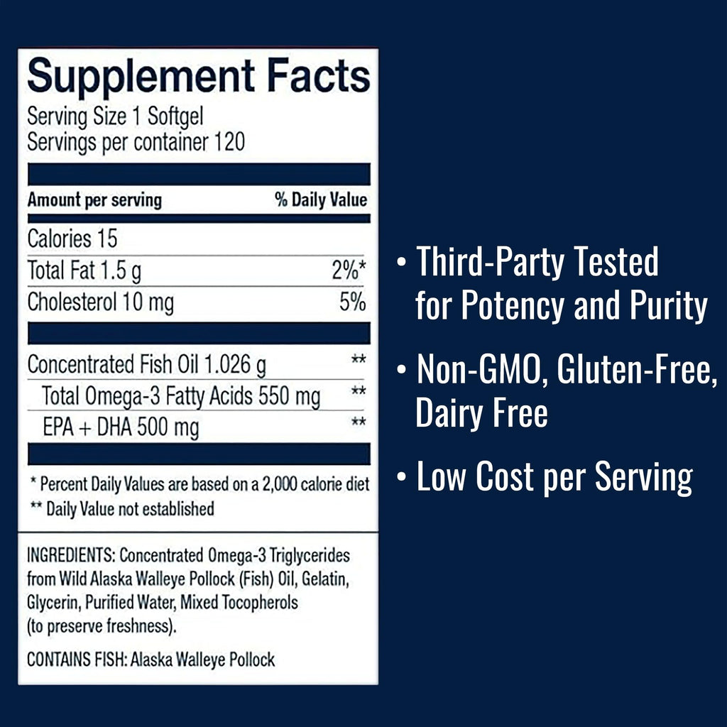 Omega-3 Fish Oil 550mg 120 Servings Wild Caught Alaska Pollock Triglyceride Form X7430