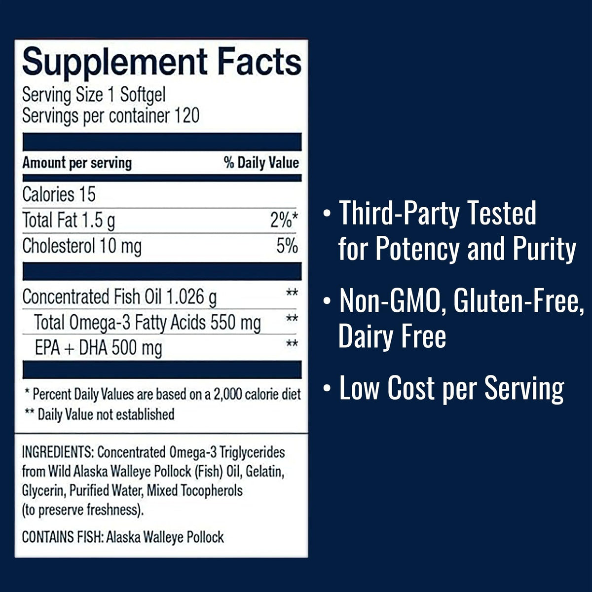 Omega-3 Fish Oil 550mg 120 Servings Wild Caught Alaska Pollock Triglyceride Form X7430