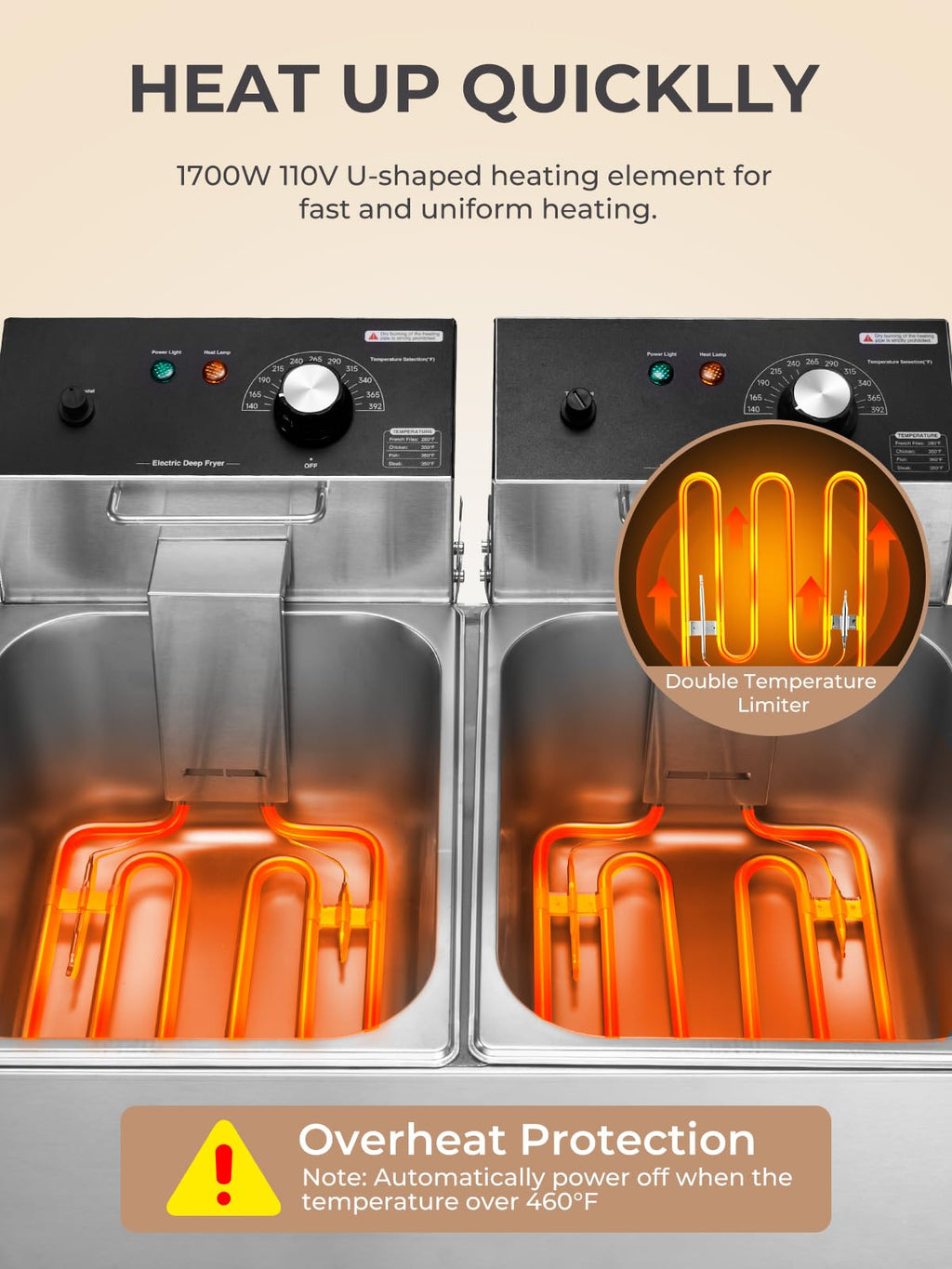 3400W 20.7QT Stainless Steel Electric Deep Fryer with 2 Removable Baskets C4543