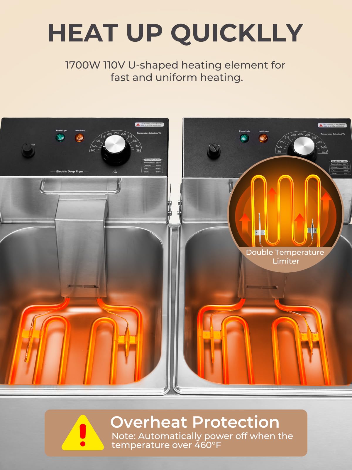 3400W 20.7QT Stainless Steel Electric Deep Fryer with 2 Removable Baskets C4543