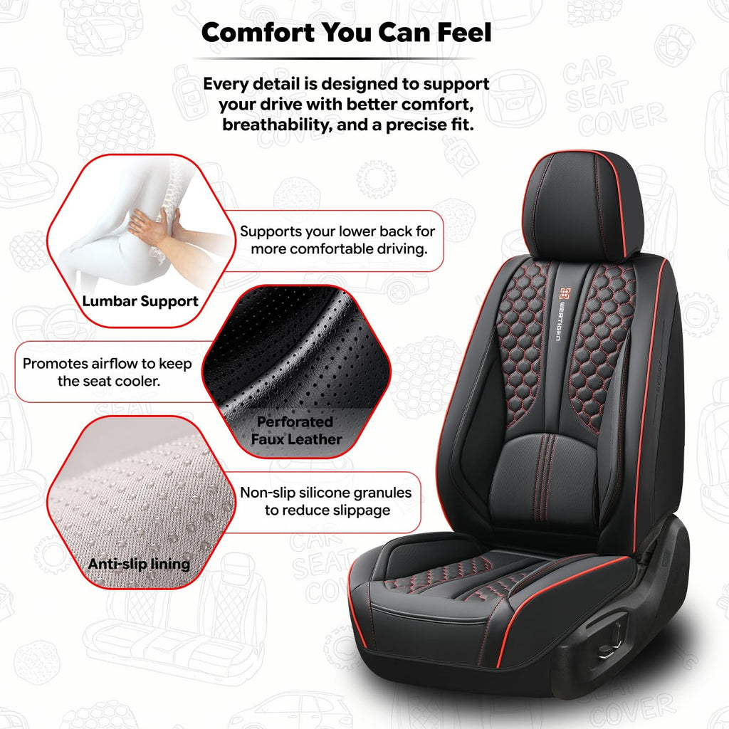Black and Red Leather Car Seat Cover Set with Lumbar Support L1976