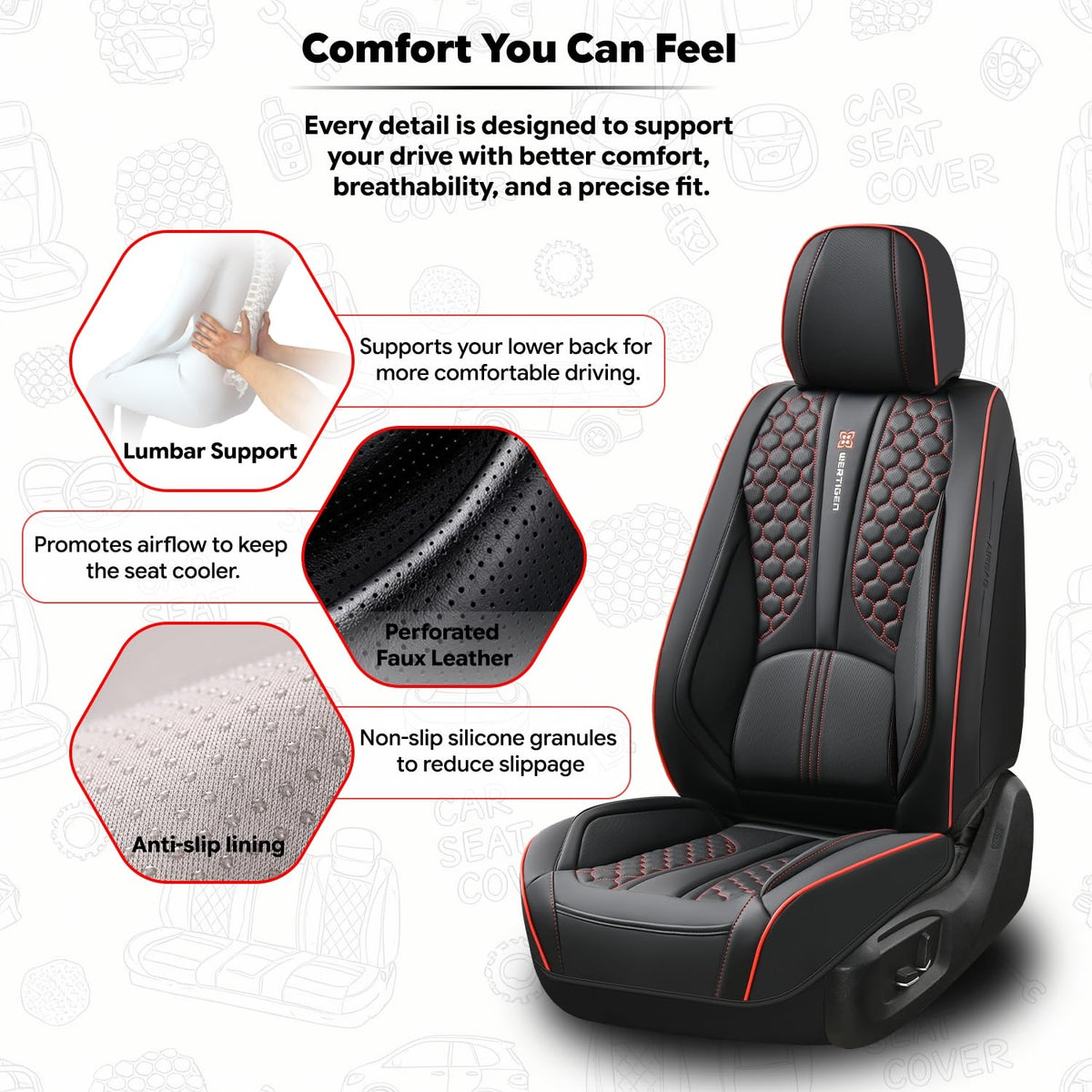 Black and Red Leather Car Seat Cover Set with Lumbar Support L1976