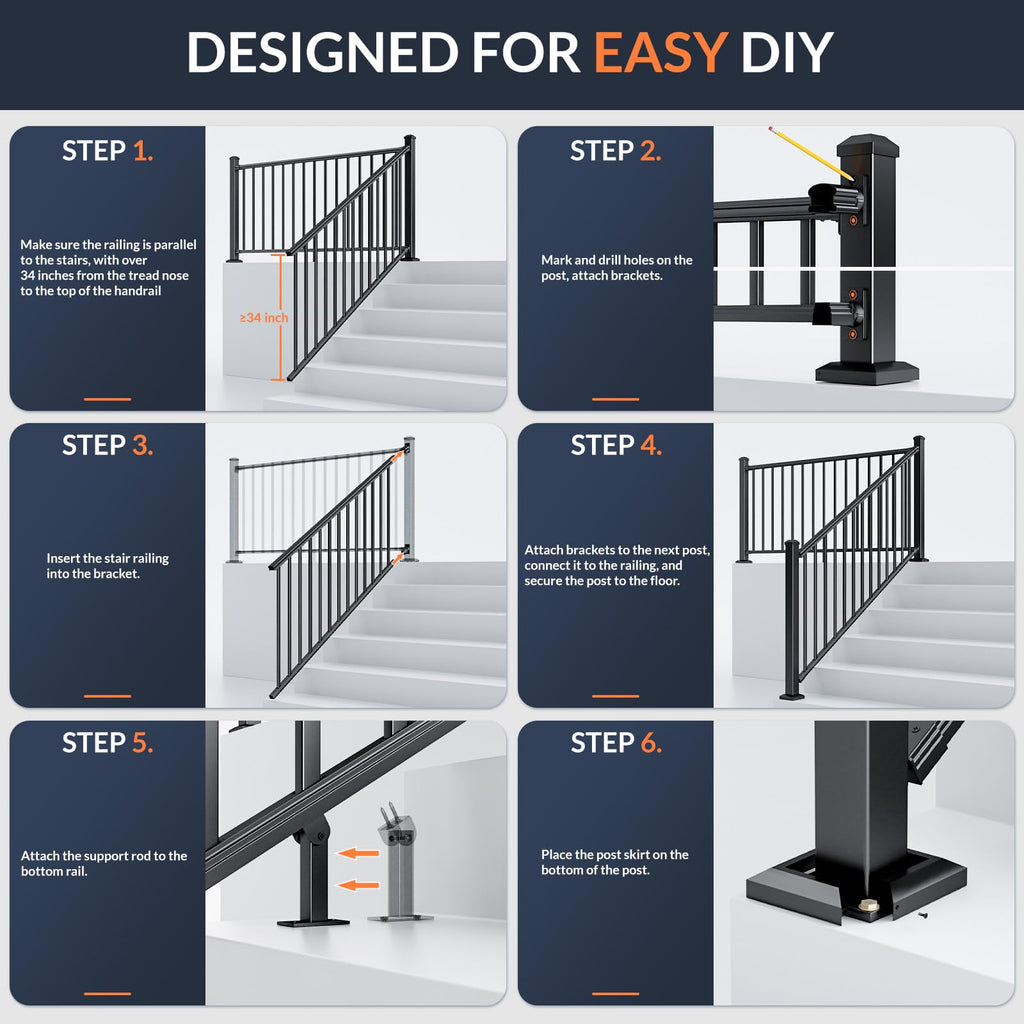 1 Pack 36 in x 6 ft Black Aluminum Stair Railing Kit G891564