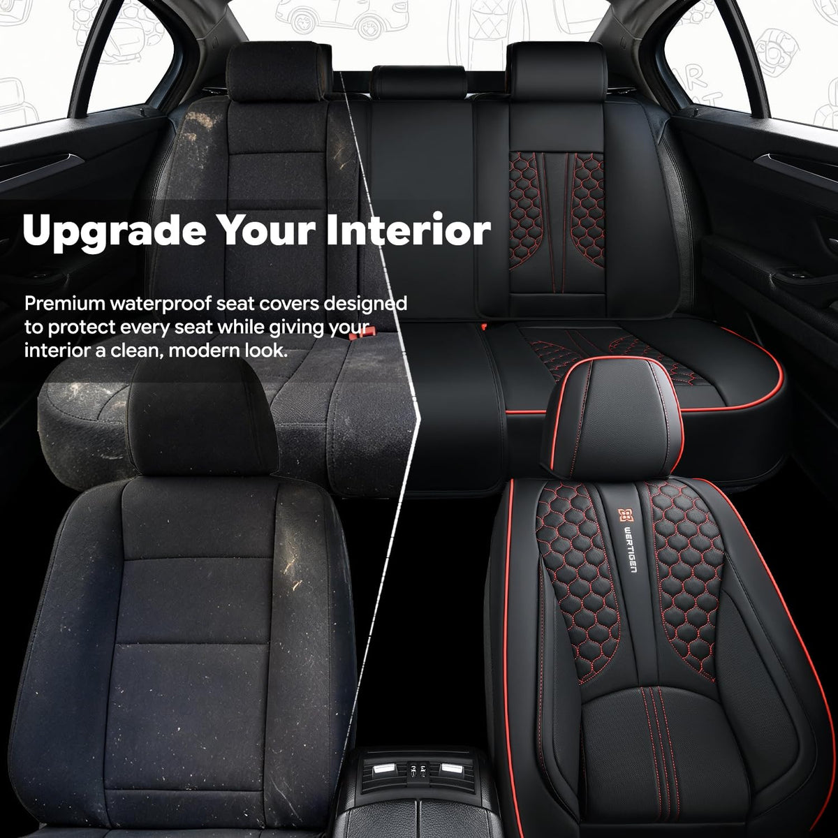 Black and Red Leather Car Seat Cover Set with Lumbar Support L1976
