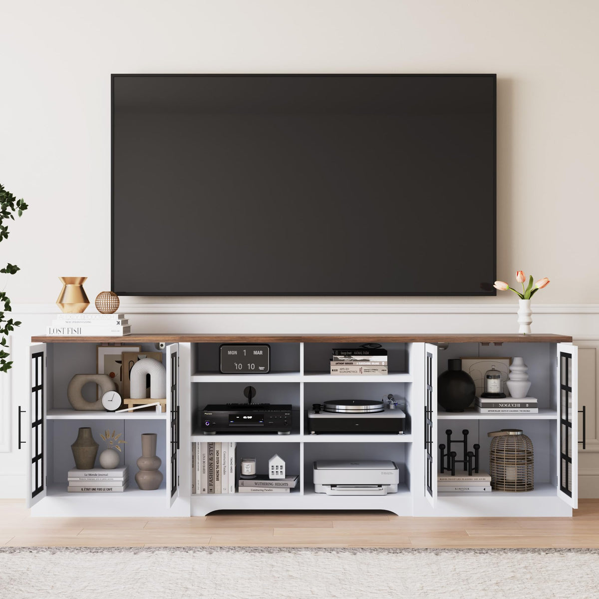 White Black TV Stand with 2 Cabinets and 3-Tier Shelves E837