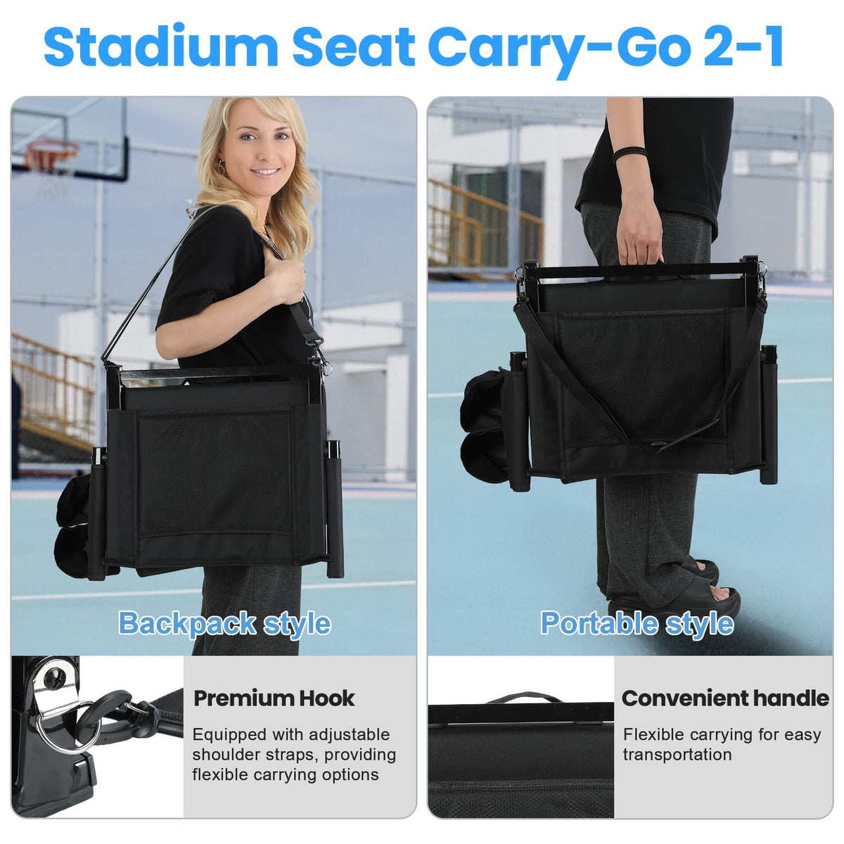 2 Pcs Folding Stadium Seat with Back Support and Cup Holder Black P71389