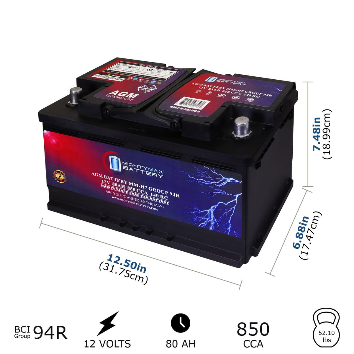 12V 80AH 850 CCA Replacement Battery U55555