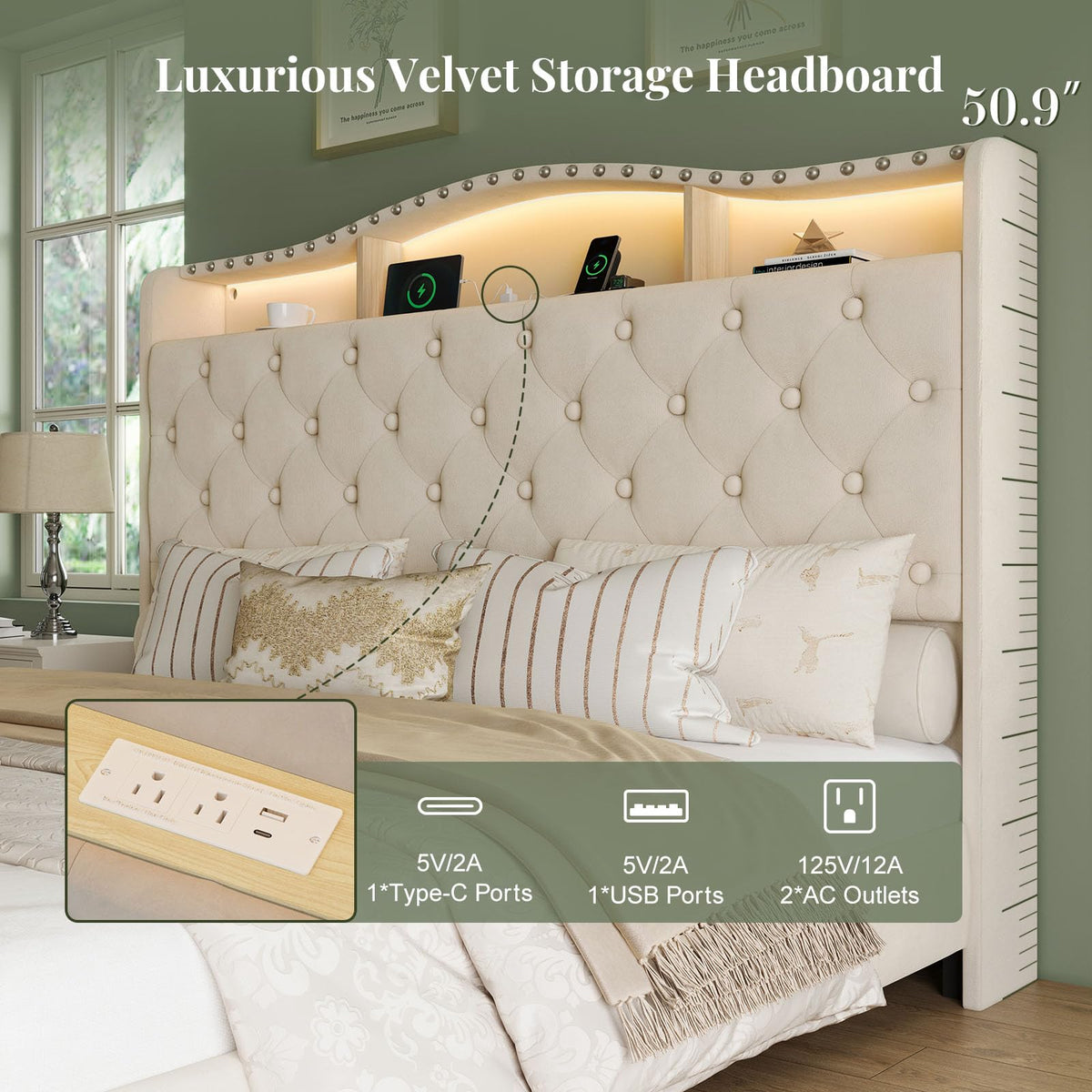 Queen Beige Platform Bed Frame with LED Headboard W63515