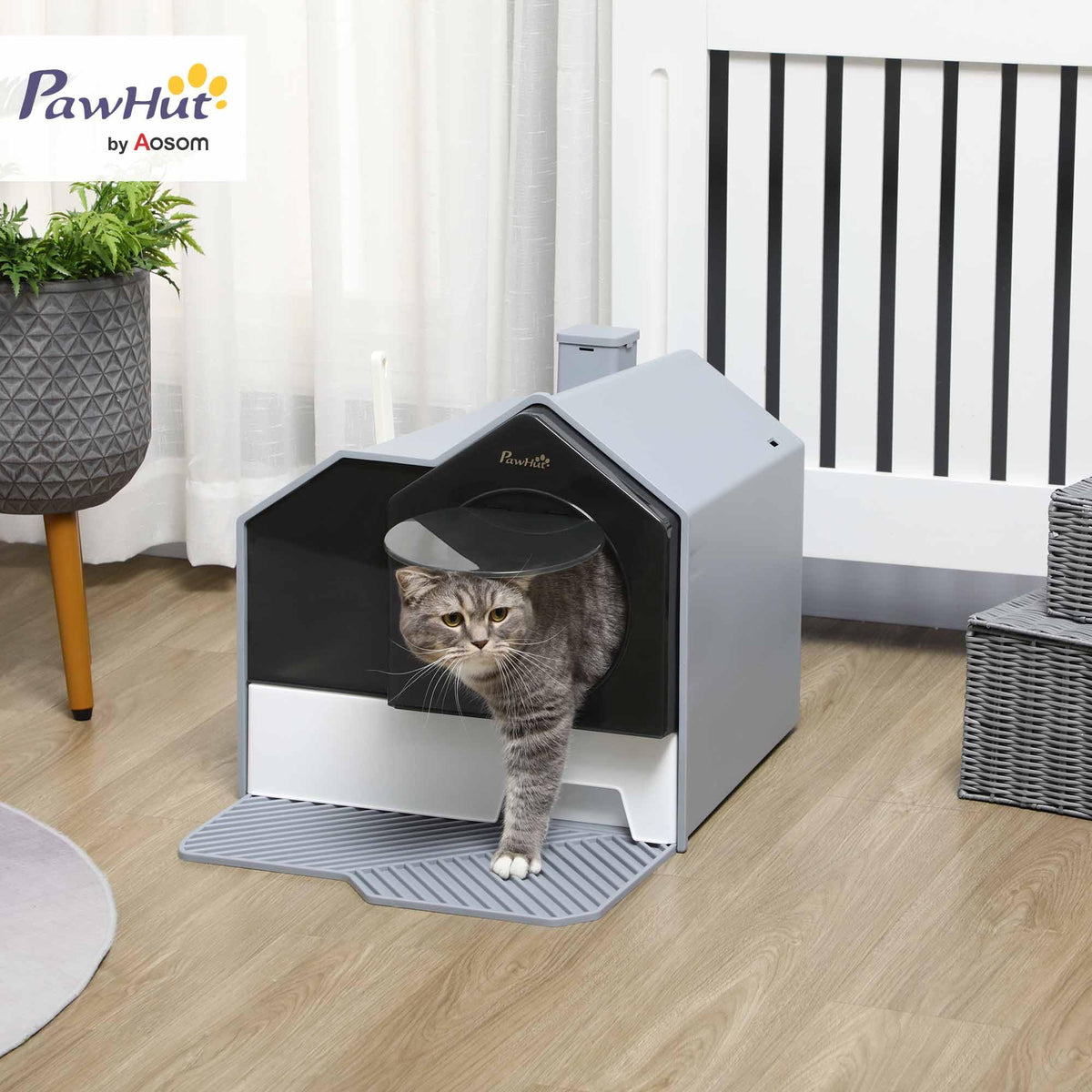 Hooded Cat Litter Box with Litter Mat, Pull-Out Drawer, Handle, Scoop, Gray G8959