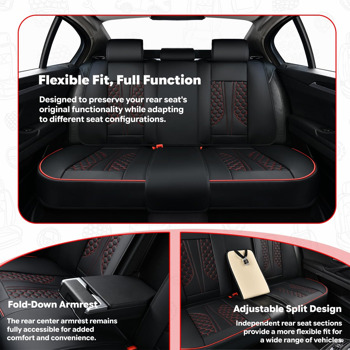 Black and Red Leather Car Seat Cover Set with Lumbar Support L1976