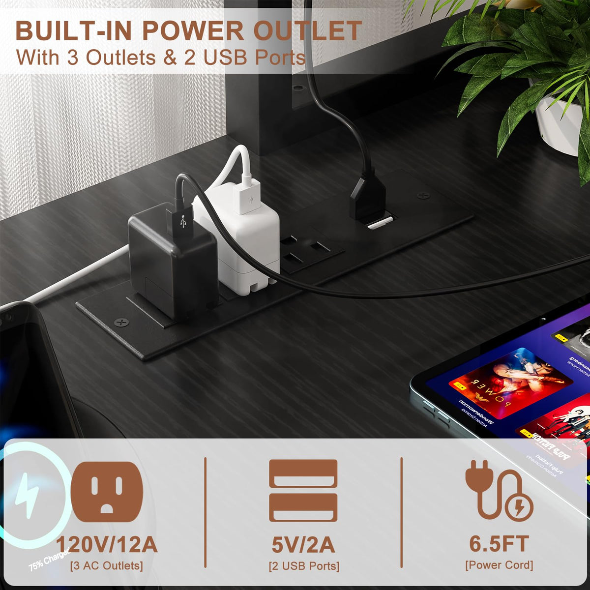 L Shaped Gaming Desk with Power Outlets & LED Lights, Black J916