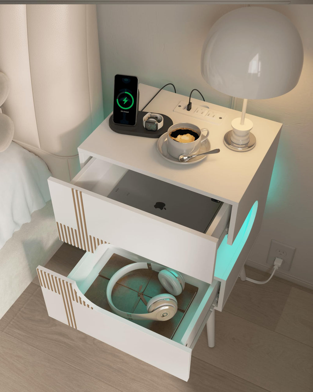 White Nightstand with Charging Station and LED Lights, 2 Storage Drawer P44099