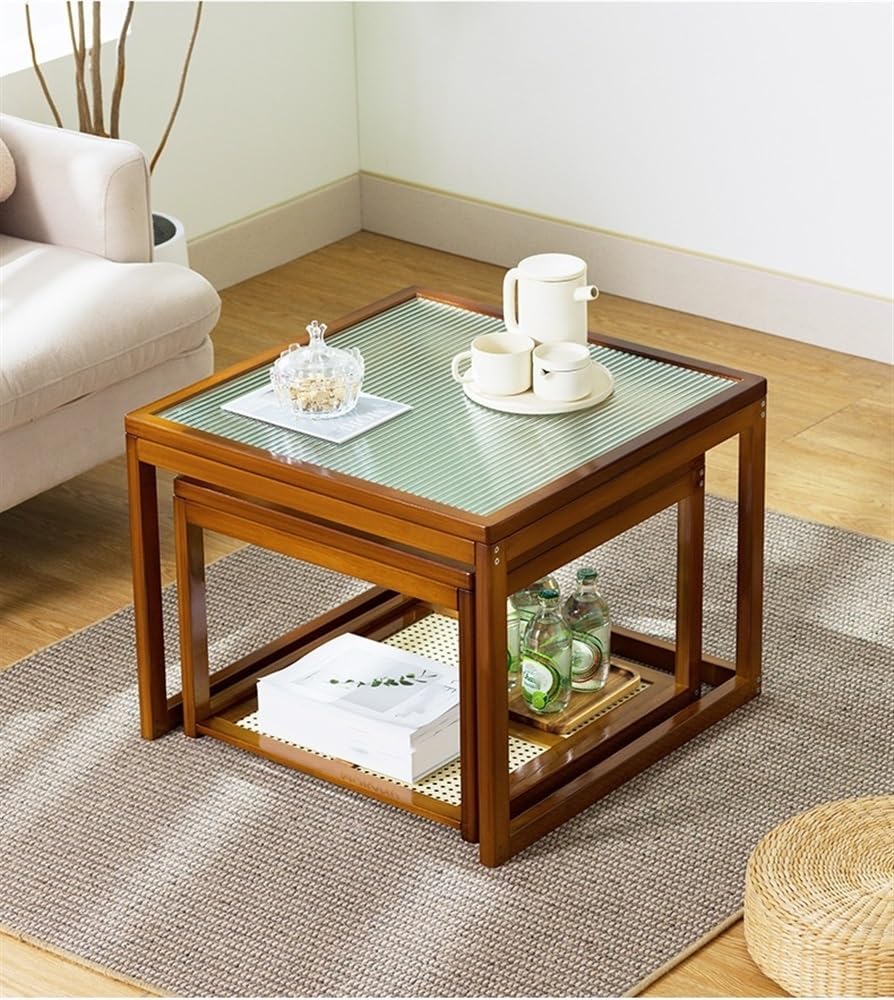 Nesting Coffee Tables Set of 2 Wooden Square Side Table with Tempered Glass Top C10610