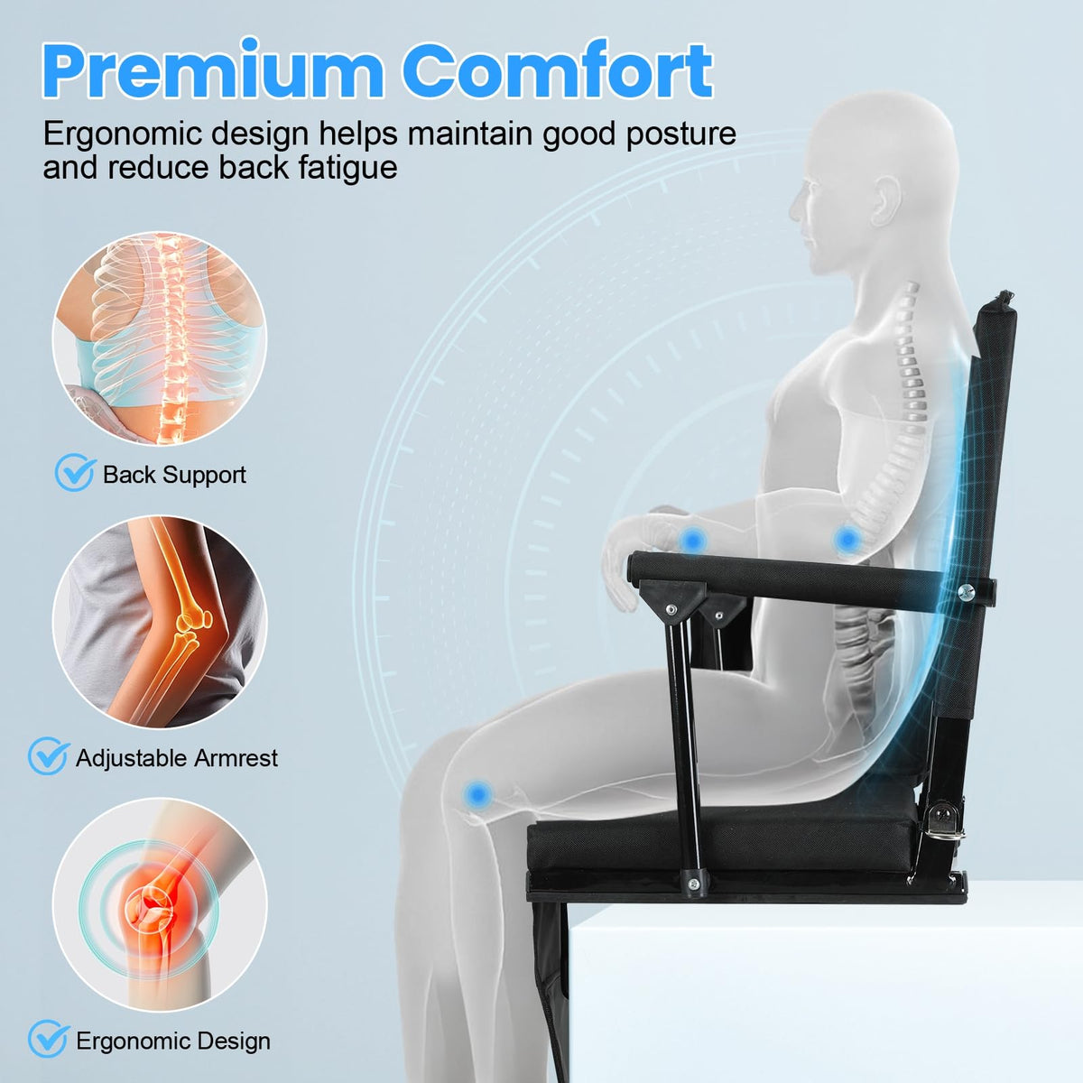 2 Pcs Folding Stadium Seat with Back Support and Cup Holder Black P71389