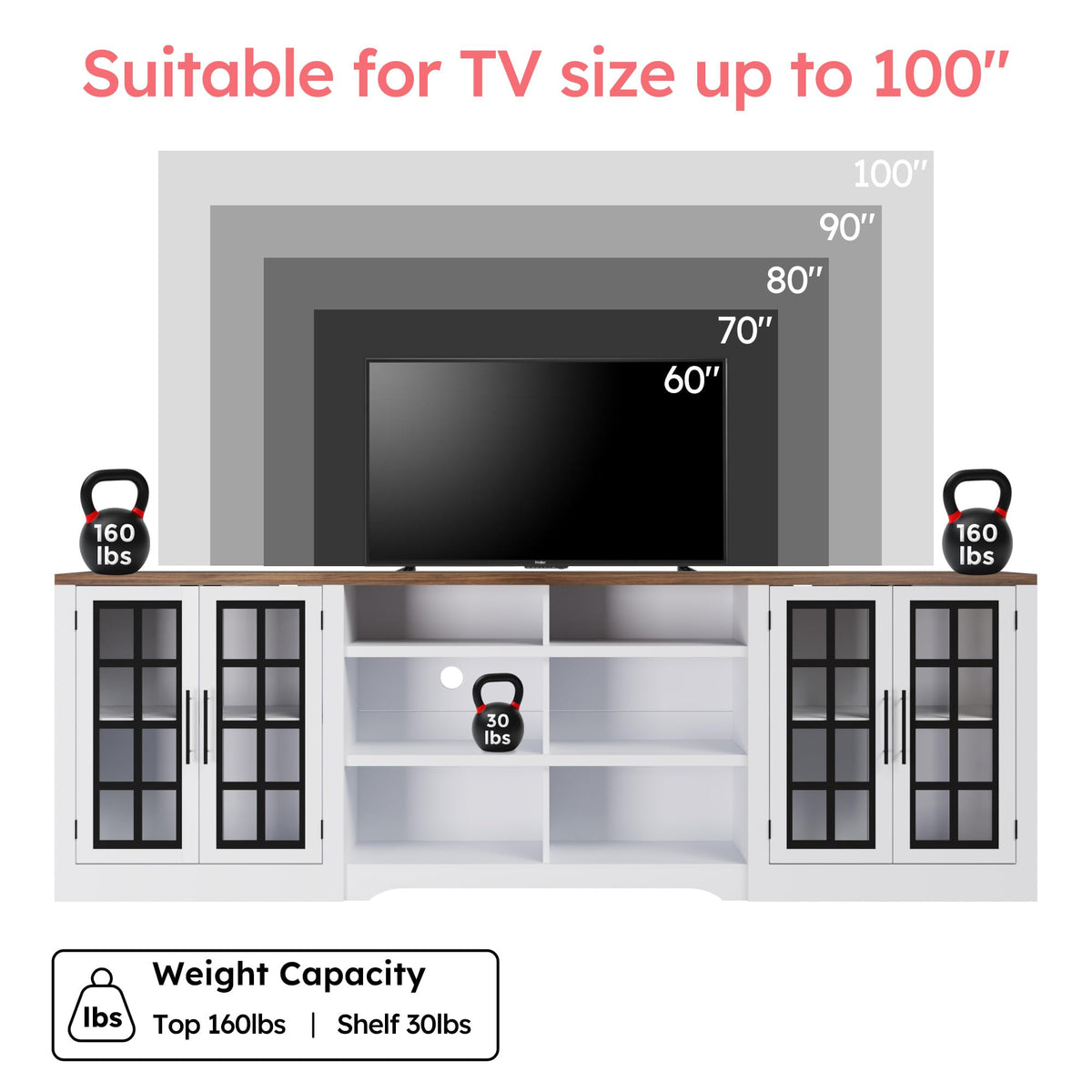 White Black TV Stand with 2 Cabinets and 3-Tier Shelves E837