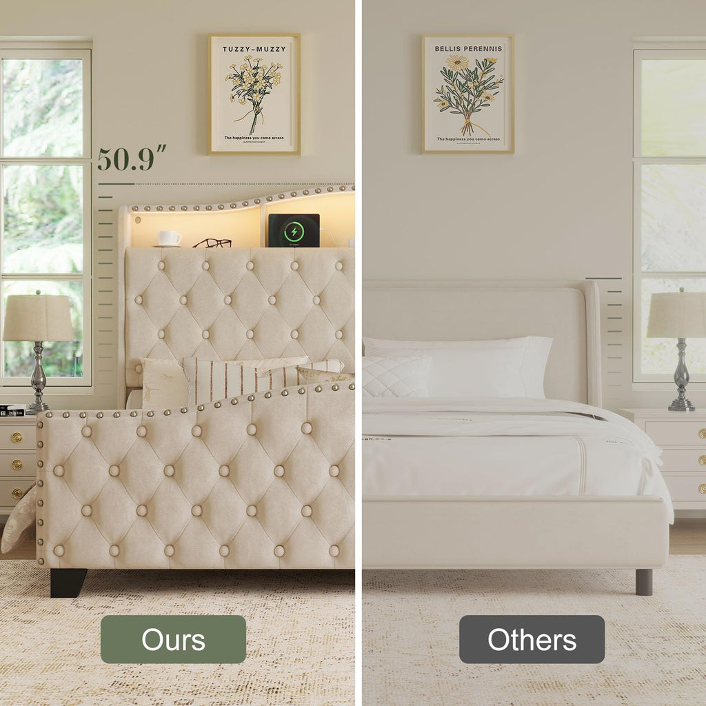 Queen Beige Platform Bed Frame with LED Headboard W63515
