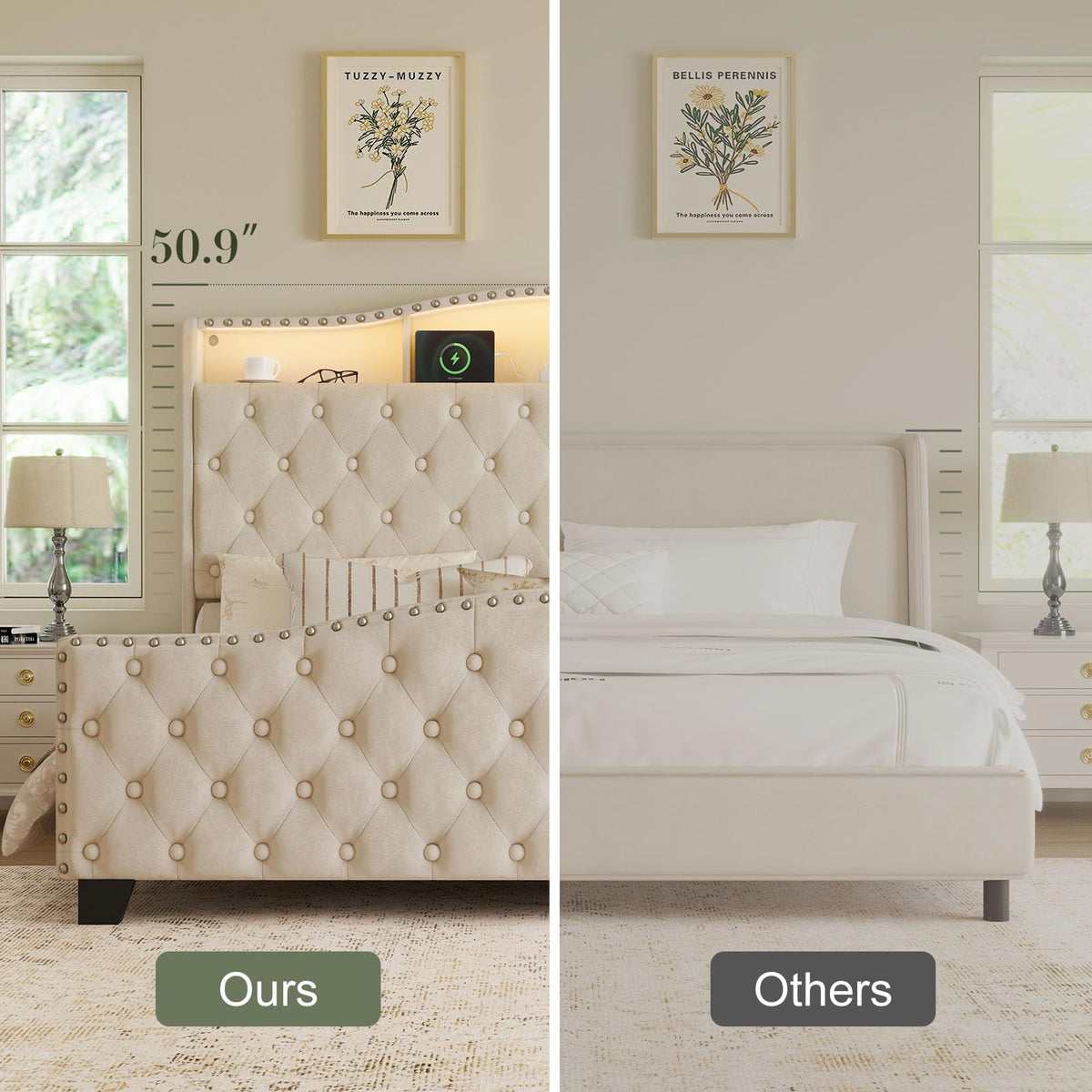 Queen Beige Platform Bed Frame with LED Headboard W63515