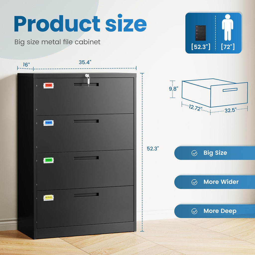 4 Drawer File Cabinet with Lock, Black N524