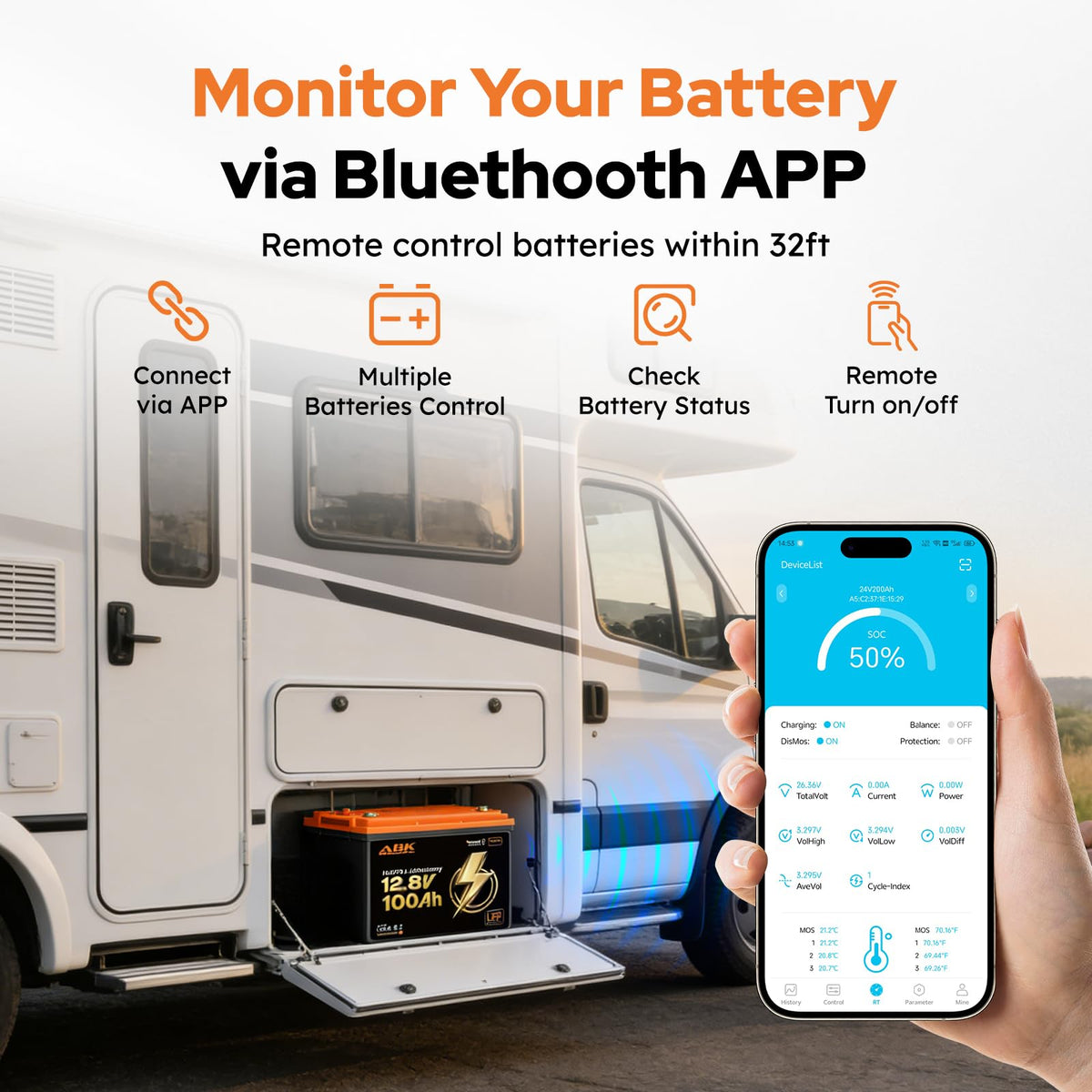 12V 100Ah LiFePO4 Lithium Battery with Bluetooth Monitoring & Low-Temp Protection D822