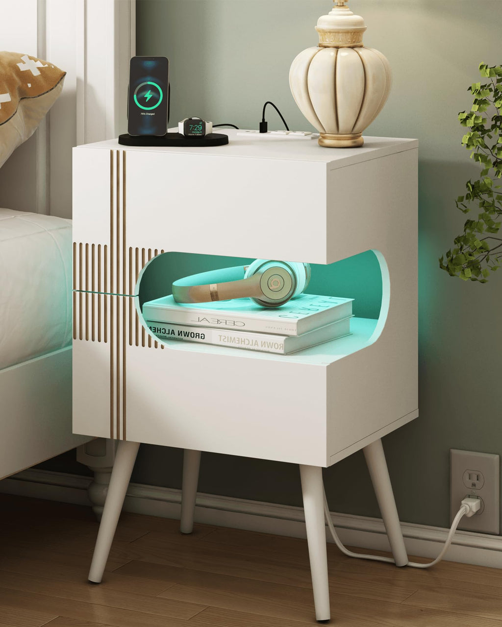White Nightstand with Charging Station and LED Lights, 2 Storage Drawer P44099