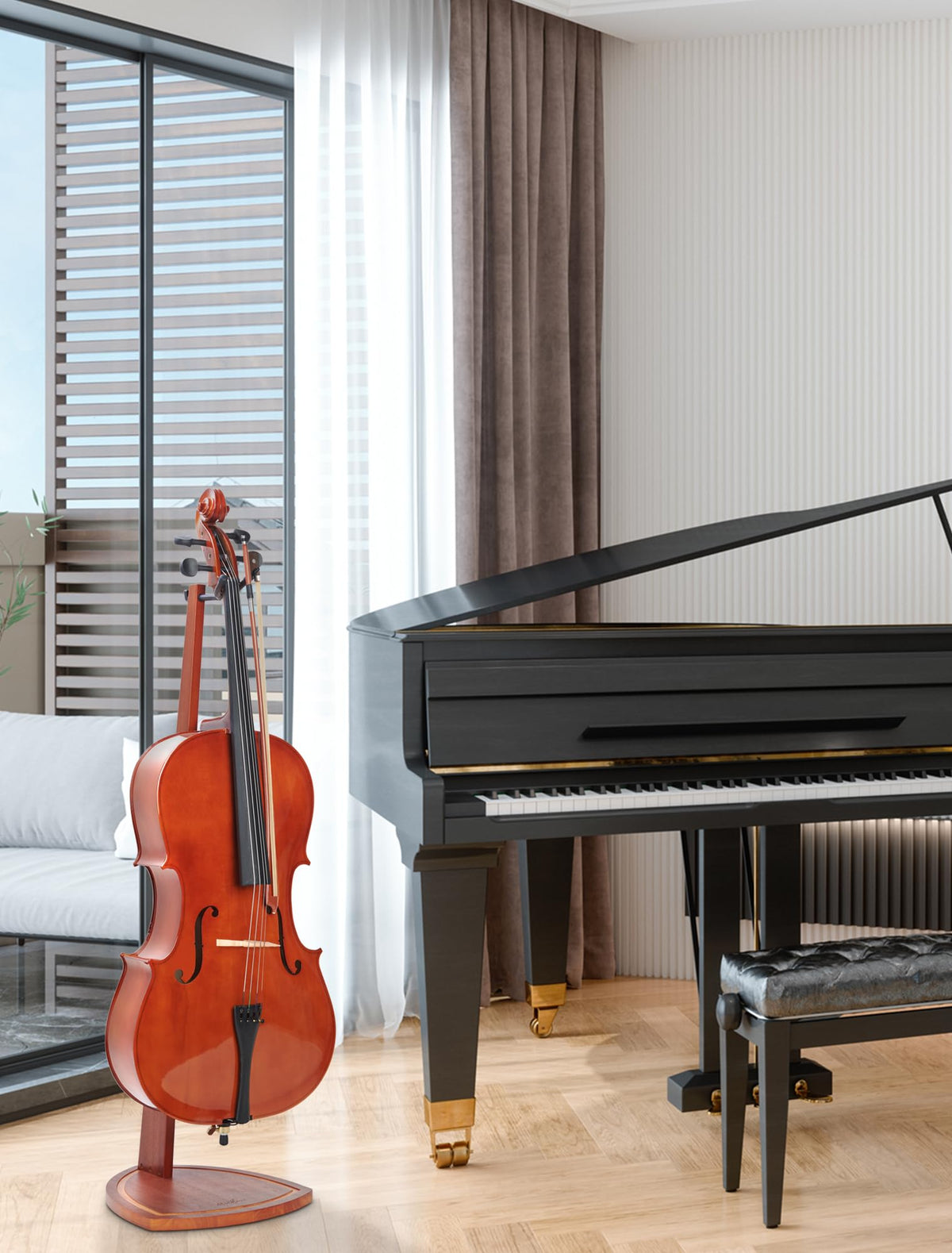 Mahogany Wood Cello Stand with Bow Holder V780