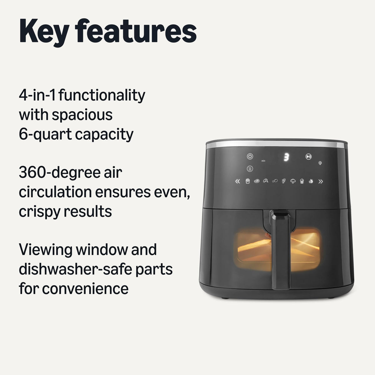 6-Quart Digital Air Fryer with Easy View Window, Black Y77747