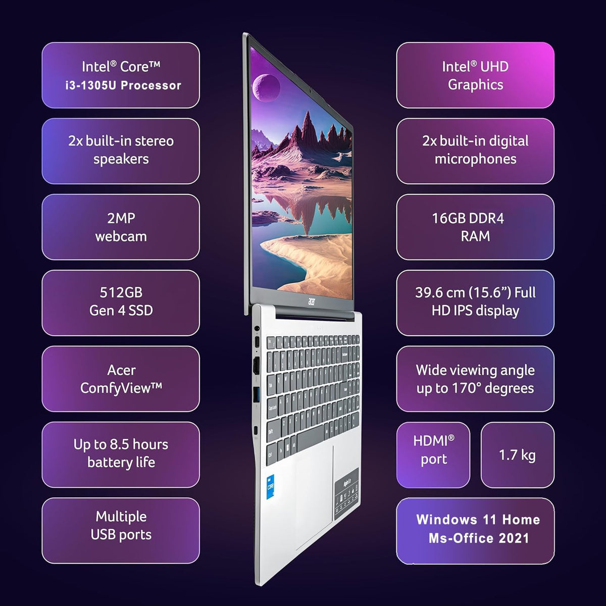 Slim Laptop Intel Core I3 8GB RAM 256GB SSD 15.6" FHD Windows 11 F154454