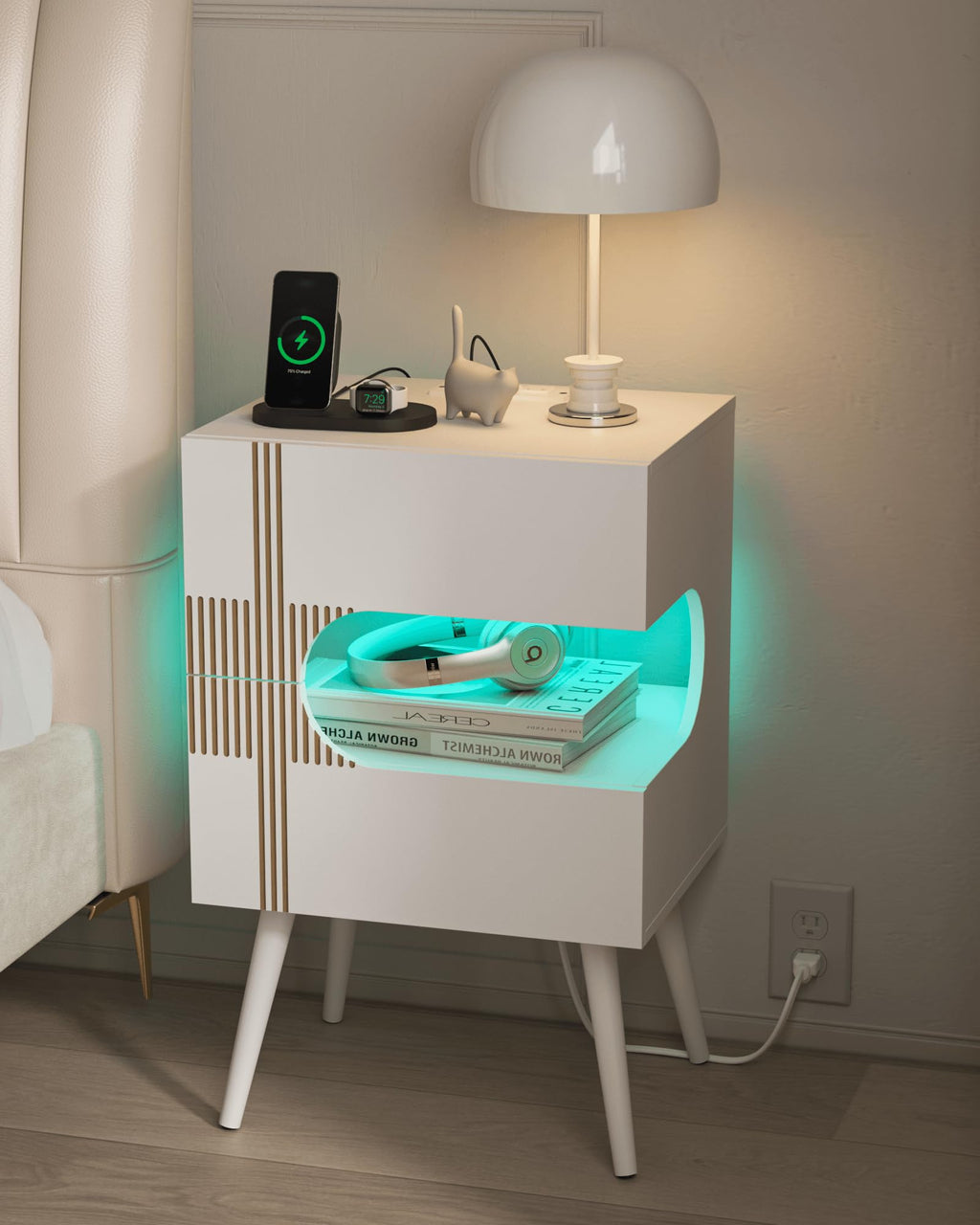 White Nightstand with Charging Station and LED Lights, 2 Storage Drawer P44099